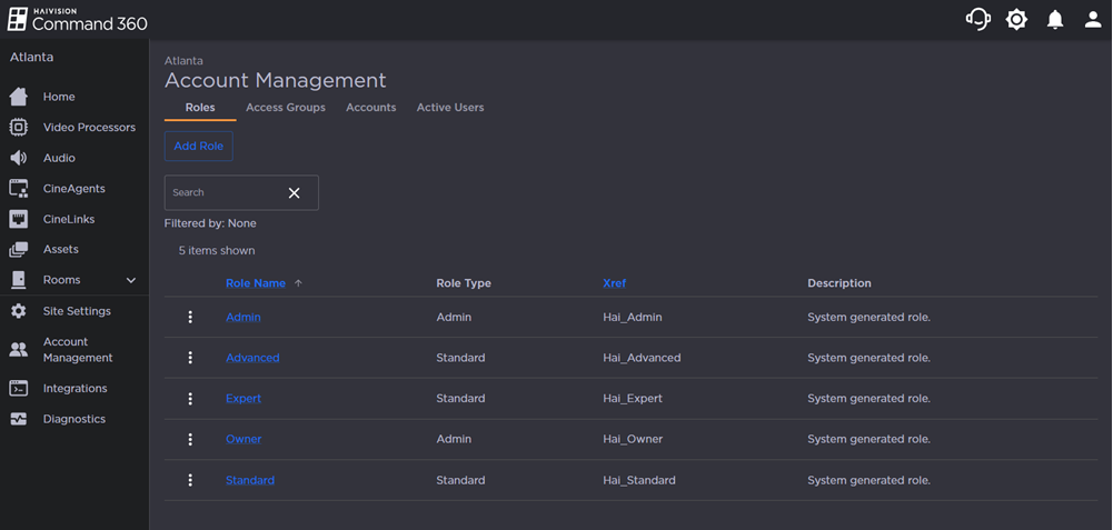 Roles Tab on Account Management Screen