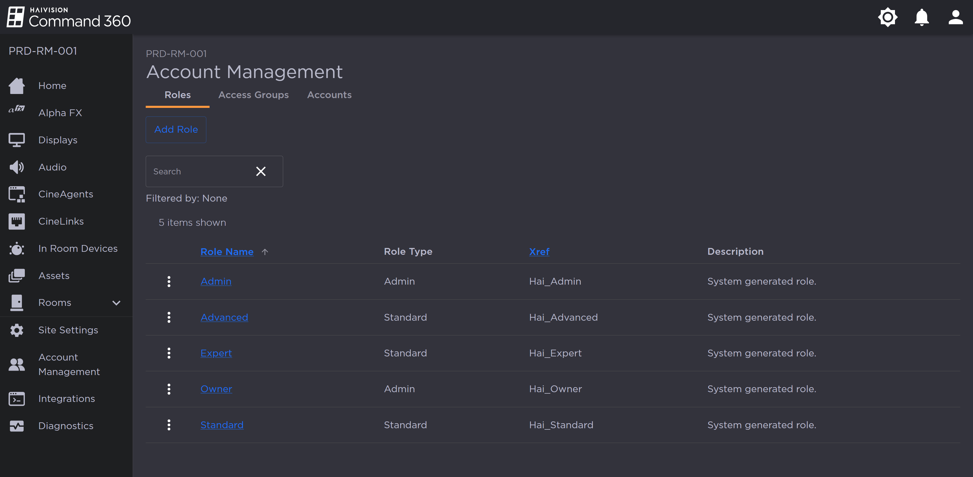 Account Management Roles Tab