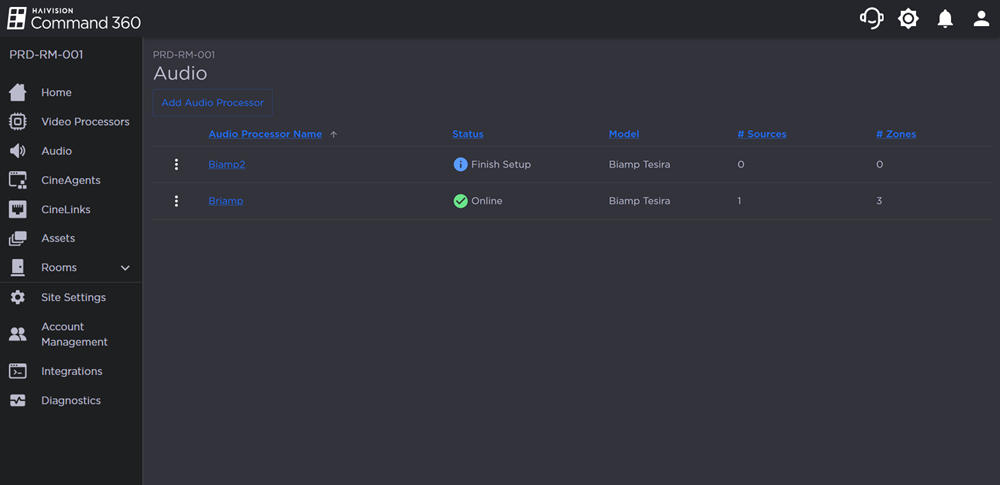 Audio Page with One Processor in Finish Setup Status