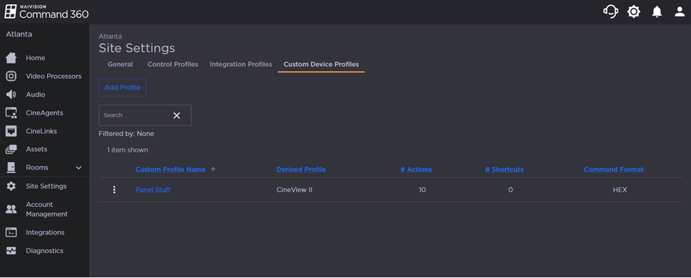 Custom Device Profiles Tab on the Site Settings Page