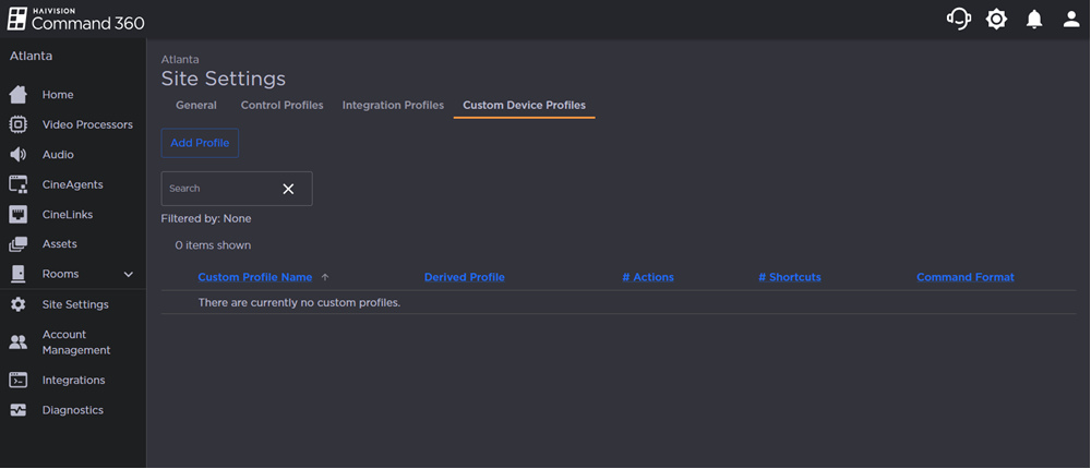 Custom Device Profiles Tab on the Site Settings Page