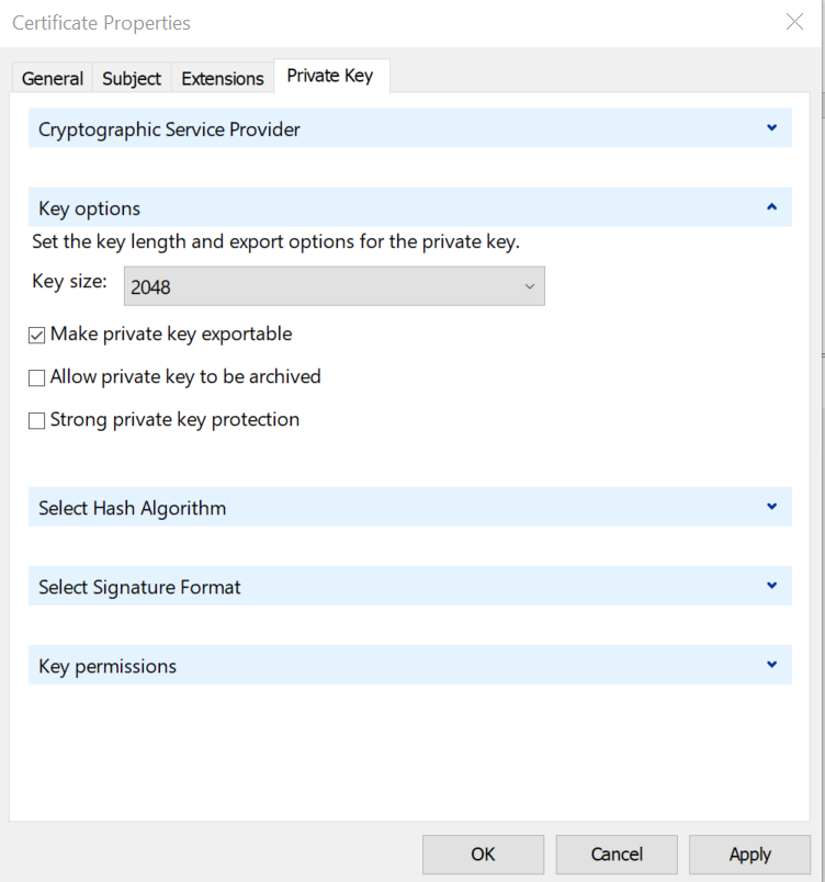 Certificate Private Key Fields