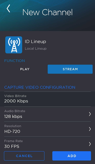New Channel Screen with the Function set to Stream