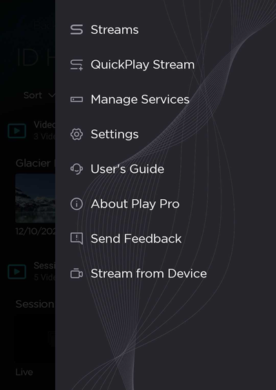 Play Pro Side Menu with HMP Stream from Device option