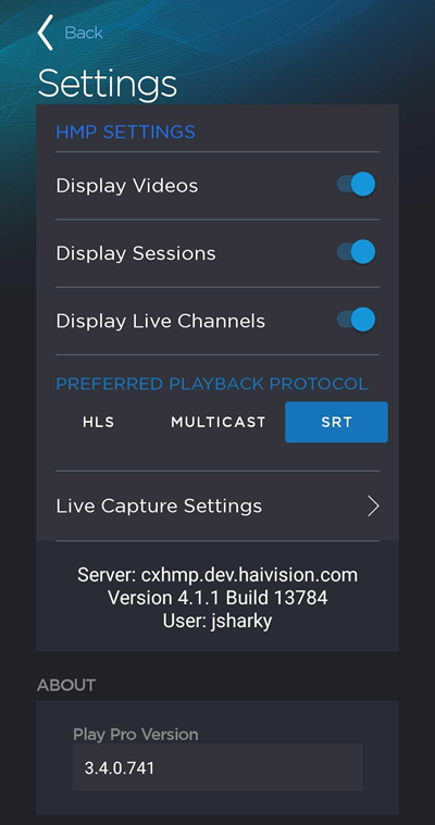 HMP Settings Screen