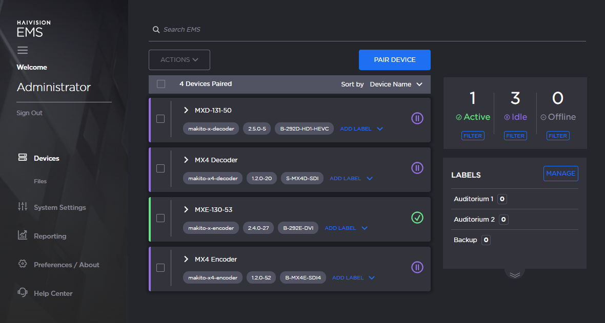 Haivision EMS Main Screen