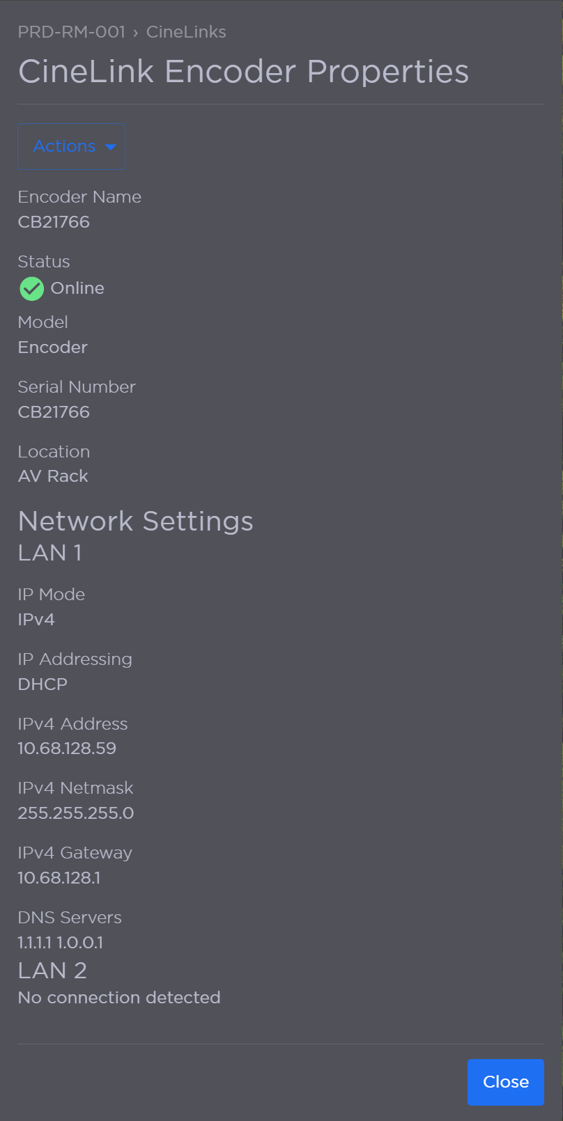 CineLink Encoder Properties Panel