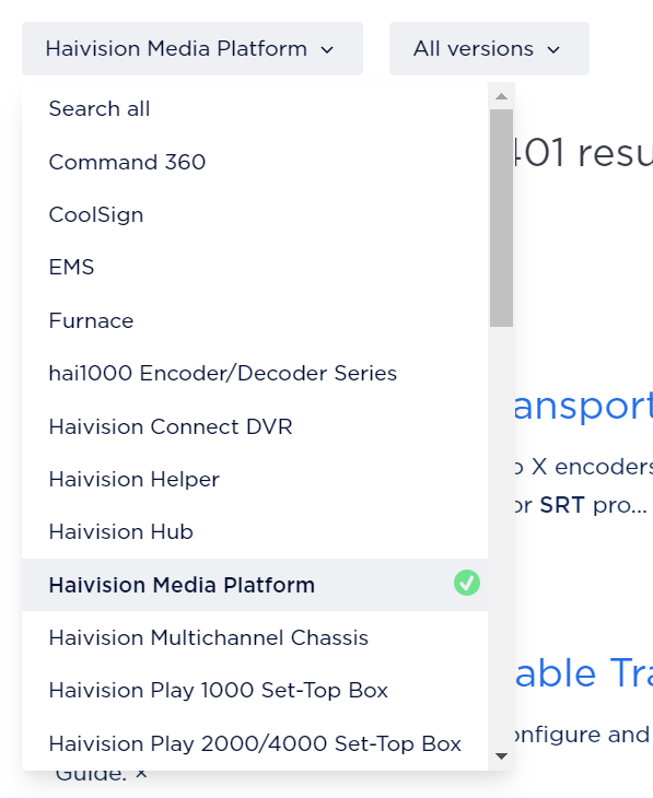 Search Results dropdowns