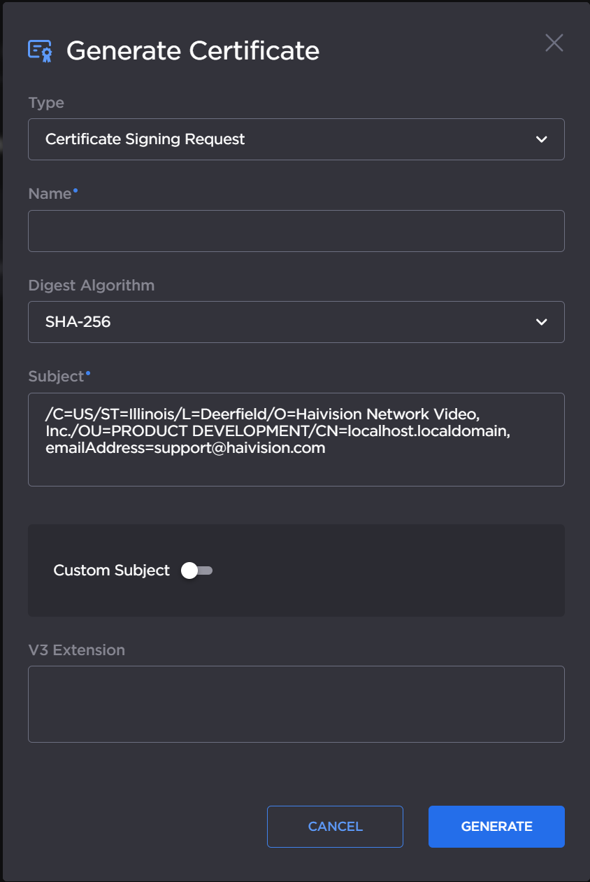 Generate Certificate or Private Key Dialog