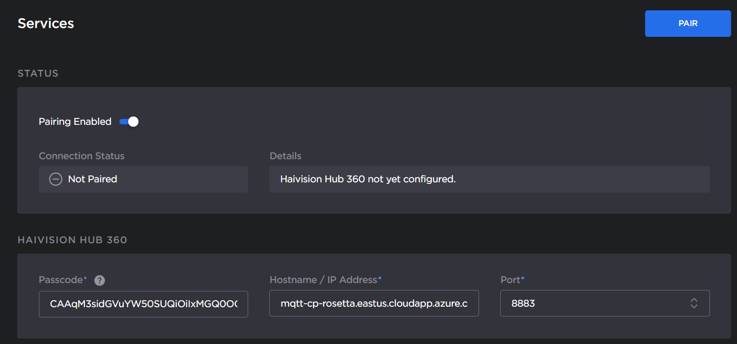 Hub360 Pairing Settings