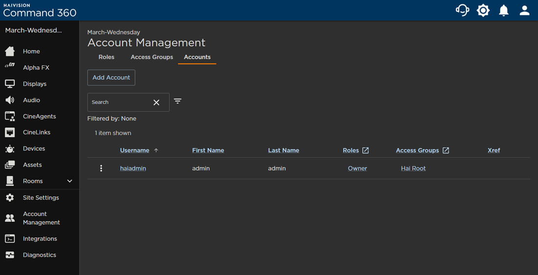 Accounts Tab of Account Management Page