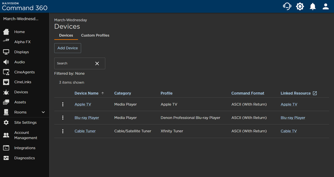 Devices Page with 3 Devices Listed