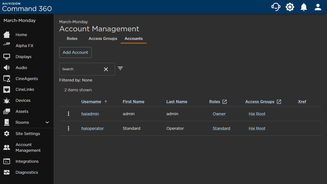 Accounts Tab on the Account Management Screen
