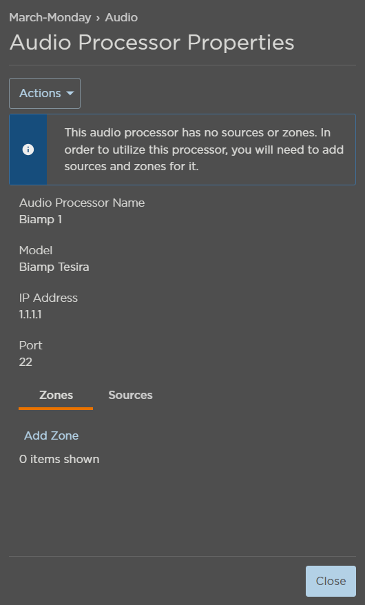 Zones Tab on Audio Processor Properties Panel