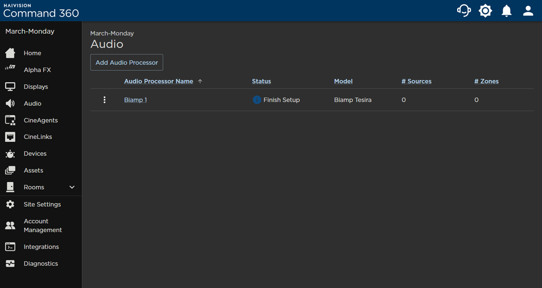 Audio Page with One Processor in Finish Setup Status