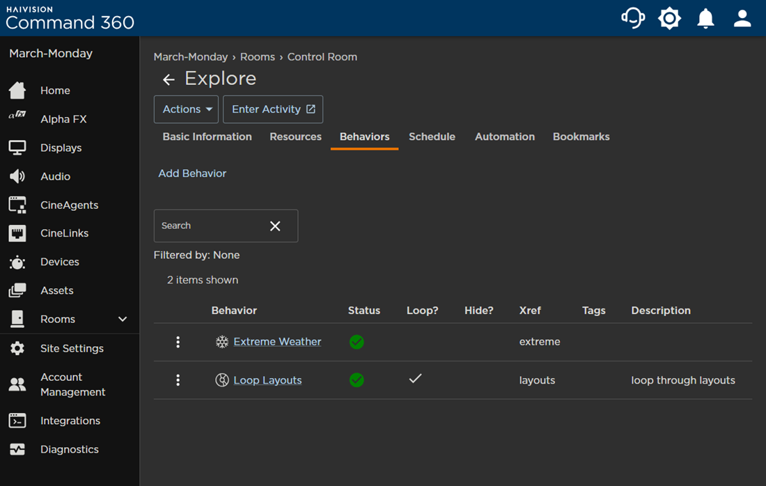 Activity Behaviors Tab