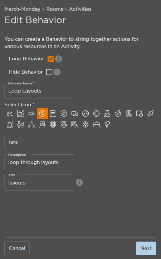 Edit Behavior Panel