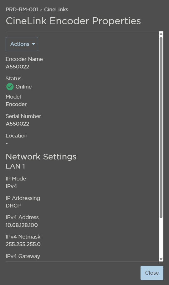 CineLink Encoder Properties Panel