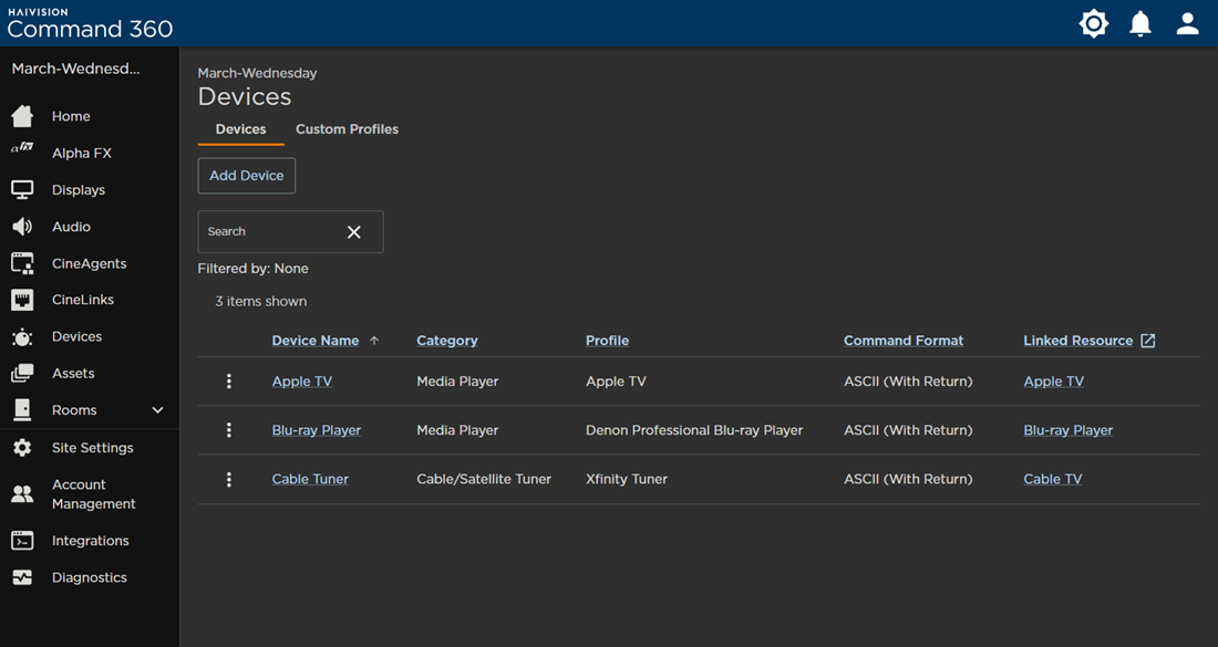 Devices Page with 3 Devices Listed