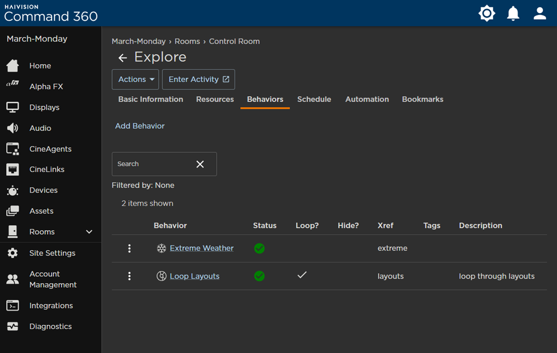 Activity Behaviors Tab