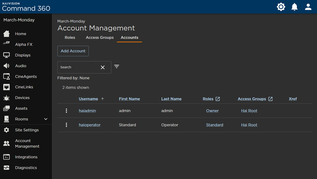 Accounts Tab on the Account Management Screen