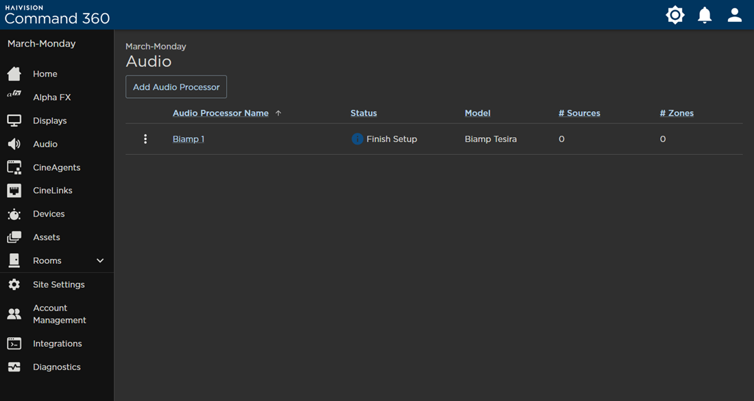 Audio Page with One Processor in Finish Setup Status