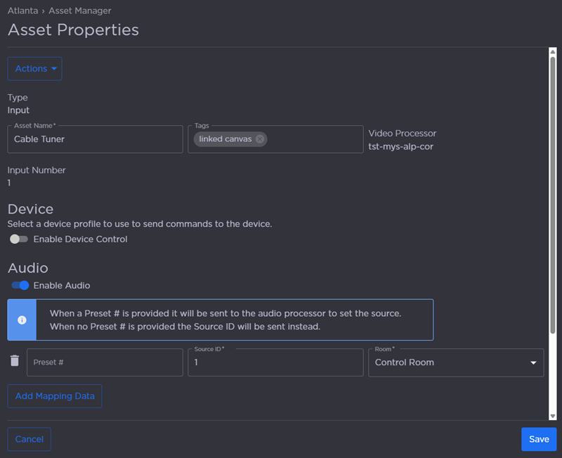 Input Asset Properties Side Panel