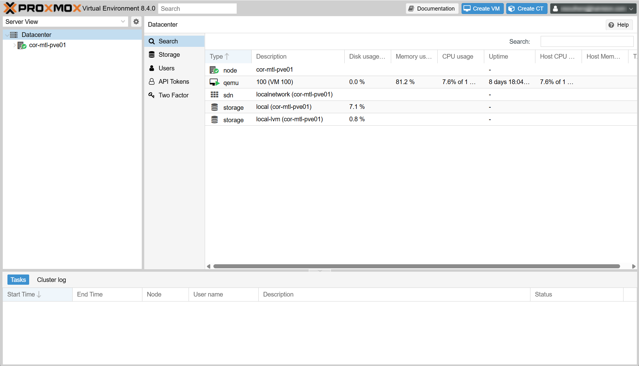 Proxmox Create button